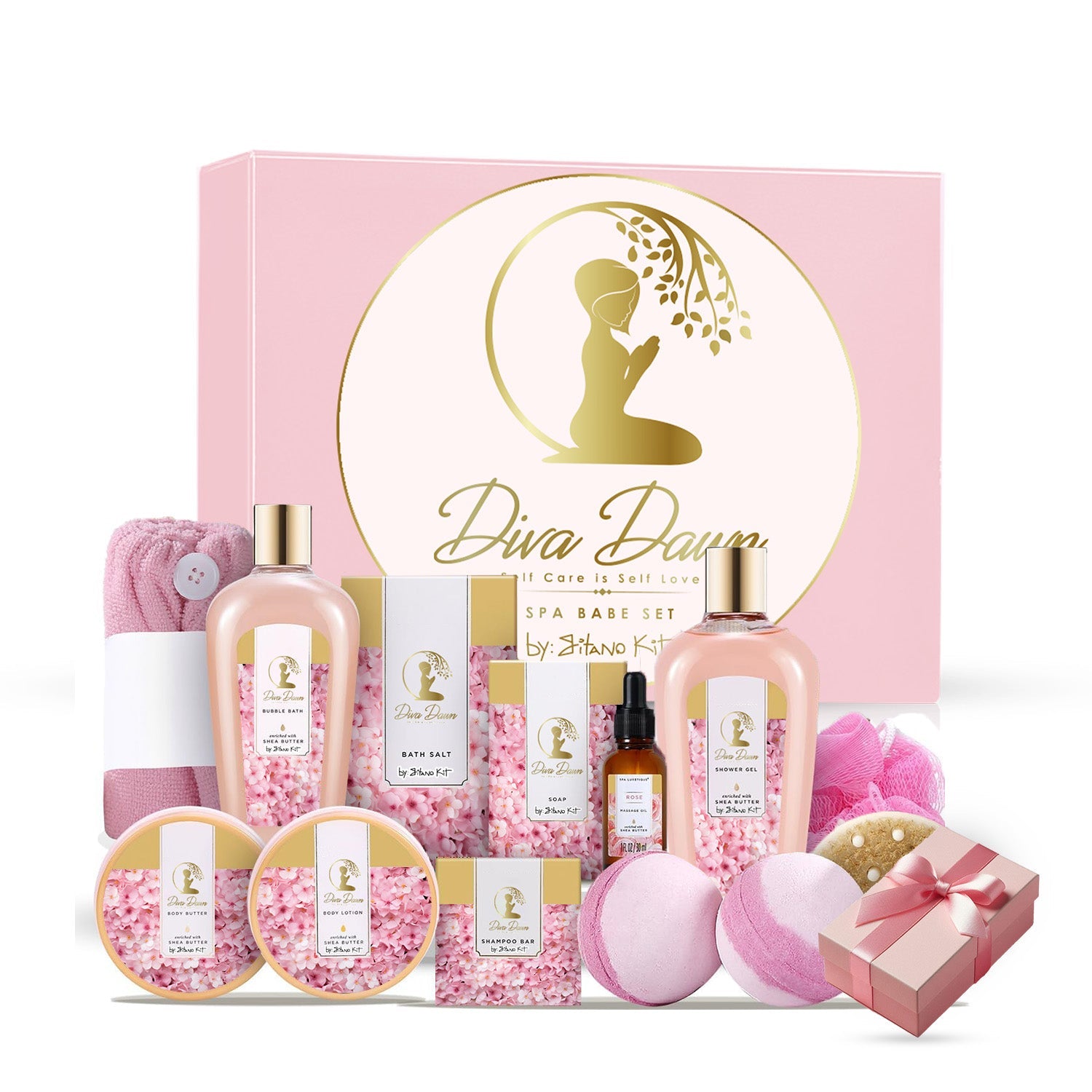 Indulge in luxury with the Diva Dawn Spa Babe Set, featuring a 15-piece collection of lavender-infused spa essentials elegantly arranged in a gift box—ideal for pampering and relaxation.